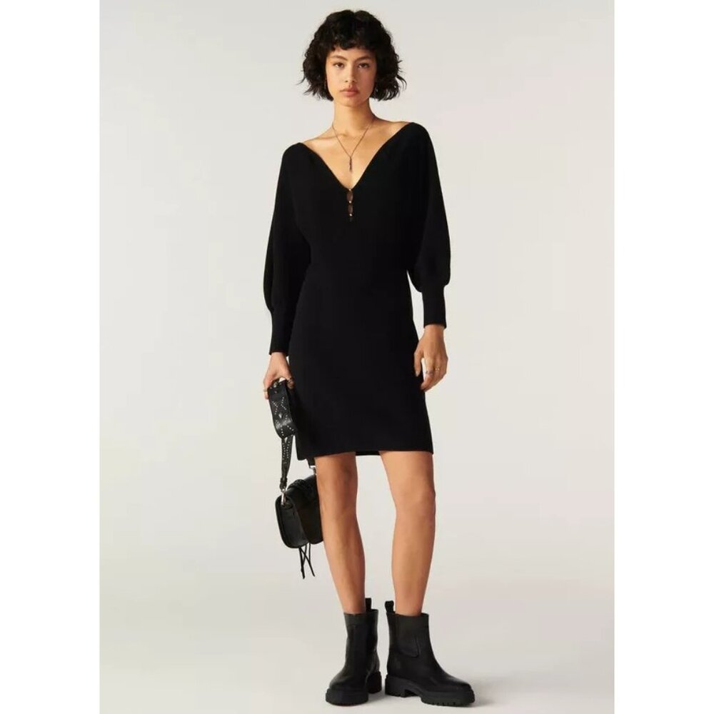 ba&sh Hazia Ribbed-Knit Mini Dress / Large / US 8 / Black V-Neck Puff Sleeves